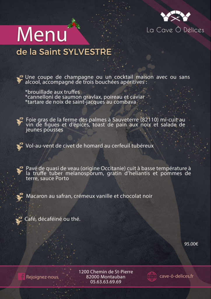 le menu de la saint sylvestre 2022 de la cave ô délices